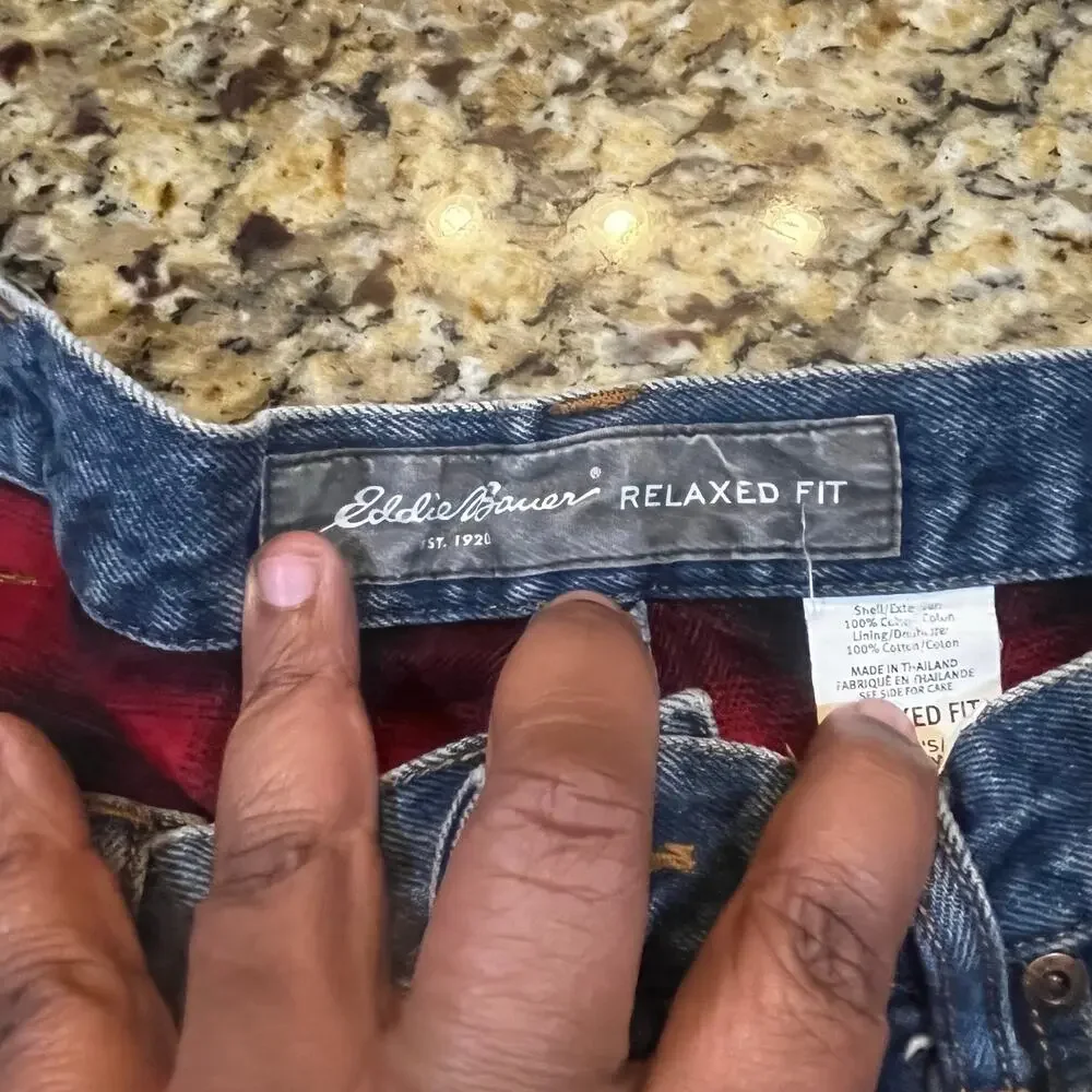 Eddie Bauer Relaxed Fit Flannel Lined‎ Jeans W36 L30 Men’s Denim Plaid Red Black